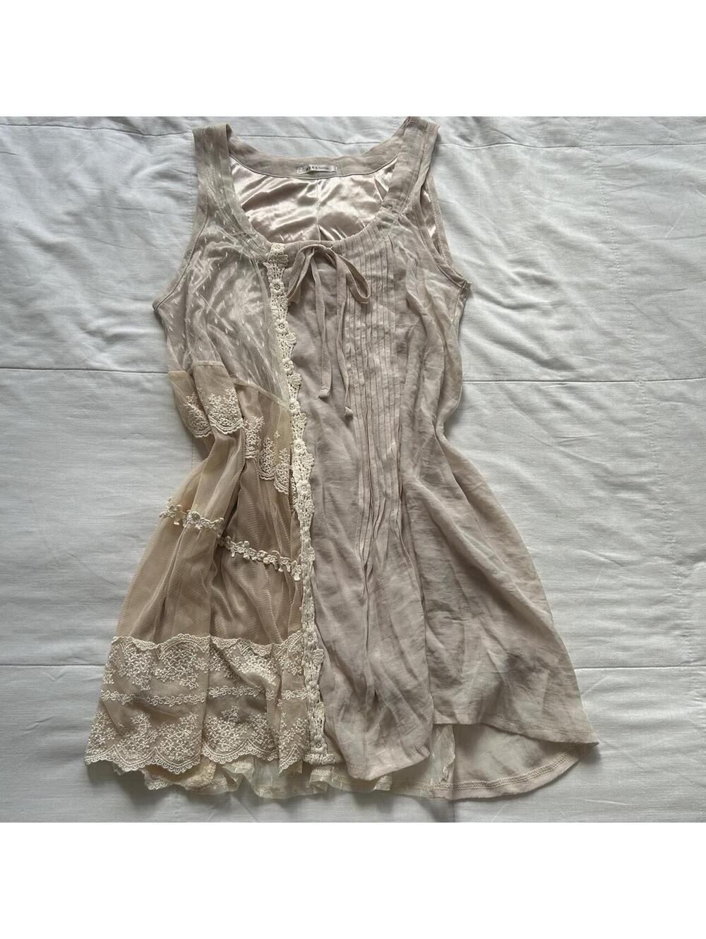 Axes Femme Beige Tunic Dress Embroidered Lace Ribbon Pintuck M Japan